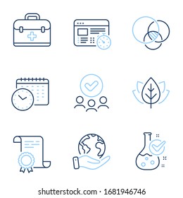 Ecológico probado, primeros auxilios y los iconos de la línea de temporizador web. Certificado de Diploma, planeta salvado, grupo de personas. Laboratorio de Química, Diagrama de Euler y Signos de tiempo del Calendario. Vector
