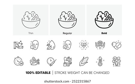 Ícones de linha Organic test, Heartbeat e Thermometer. Pacote de legumes, gota de água, lavar mãos ícone. Salada, esquema de vacinação, pictograma de milho. Saco de menta, stress difícil, quarentena. Vetor