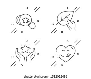 Organic tested, Ranking and Hold heart line icons set. Yummy smile sign. Paraben, Hold star, Love brand. Comic heart. People set. Line organic tested outline icon. Vector