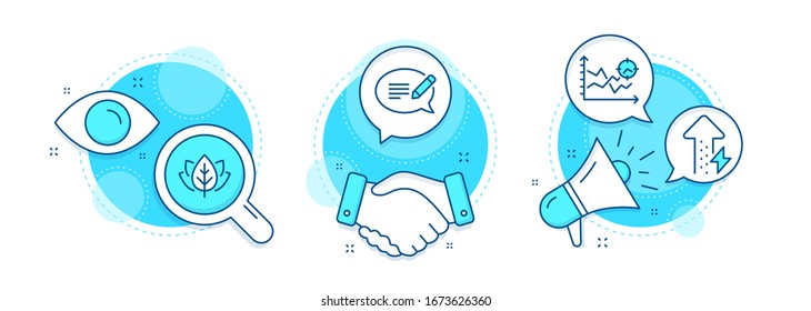 Organic tested, Seo analysis and Energy growing line icons set. Handshake deal, research and promotion complex icons. Message sign. Bio ingredients, Targeting chart, Power usage. Speech bubble. Vector