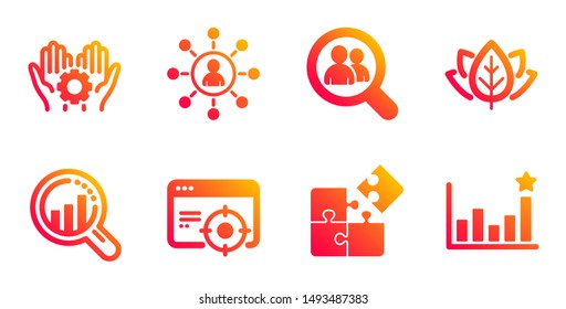Organic tested, Seo analysis and Networking line icons set. Seo targeting, Puzzle and Employee hand signs. Search employees, Efficacy symbols. Bio ingredients, Targeting chart. Science set. Vector
