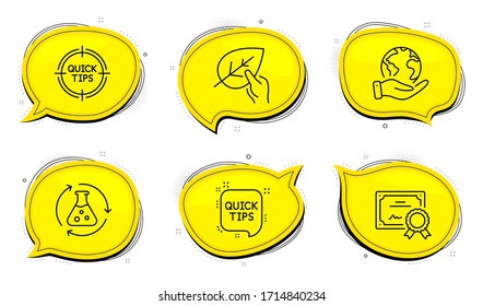 Organic tested sign. Diploma certificate, save planet chat bubbles. Chemistry experiment, Tips and Quick tips line icons set. Laboratory flask, Quick tricks, Helpful tricks. Paraben. Vector