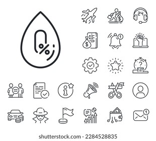 Organic tested sign. Salaryman, gender equality and alert bell outline icons. No alcohol line icon. Water drop symbol. No alcohol line sign. Spy or profile placeholder icon. Vector