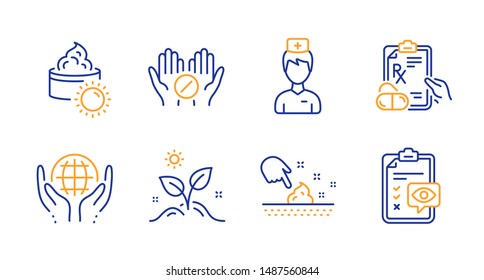 Organic tested, Skin moisture and Doctor line icons set. Grow plant, Medical tablet and Sun cream signs. Prescription drugs, Eye checklist symbols. Safe nature, Wet cream. Healthcare set. Vector