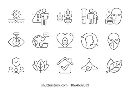 Organic tested, Slow fashion and Face id line icons set. Medical analyzes, No sun and Leaf signs. Eye laser, Face cream and Local grown symbols. Line icons set. Vector