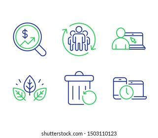 Organic tested, Teamwork and Online education line icons set. Recovery trash, Currency audit and Time management signs. Bio ingredients, Employees change, Internet lectures. Backup file. Vector
