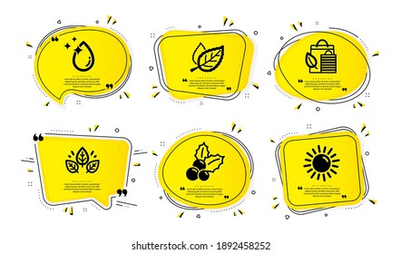 Bio-getestet, Wassertropfen und Bio-Shopping-Icons einfache Set. Gelbe Sprachblasen mit Dotwork-Effekt. Leaf, Weihnachtsheilige und Sonnenschilder. Bio-Zutaten, Kristallaqua, Leaf. Vektorgrafik