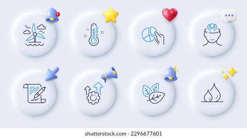 Organic tested, Waterproof and Pie chart line icons. Buttons with 3d bell, chat speech, cursor. Pack of Seo gear, Thermometer, Windmill icon. Stress, Agreement document pictogram. Vector