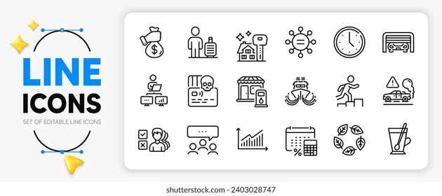 Organic tested, Work home and Bribe line icons set for app include Annual tax, Time, Filling station outline thin icon. Baggage, Opinion, Cyber attack pictogram icon. Meeting, Tea mug, Graph. Vector