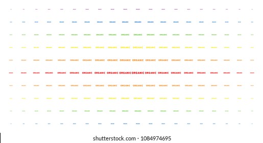Organic text icon rainbow colored halftone pattern. Vector organic text items are organized into halftone array with vertical spectrum gradient. Designed for backgrounds, covers,