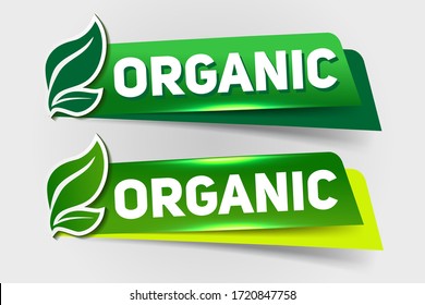 Organic text on green tag ribbon banner with sprouts icon isolated on white background
