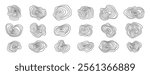 Organic textures of mountains set topographic lines. Abstract wooden round shapes. Vector scribbles. Vector illustration