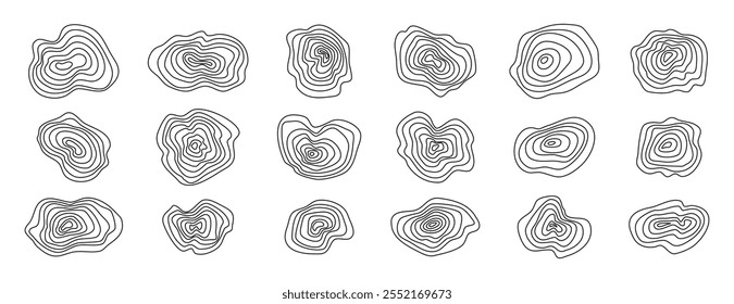 Organic textures of mountains set topographic lines. Abstract wooden round shapes. Vector scribbles. Vector illustration