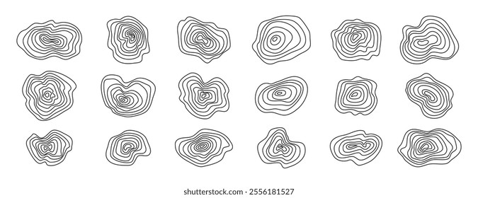 Organic textures of mountains set topographic lines. Abstract wooden round shapes. Vector scribbles. Vector illustration