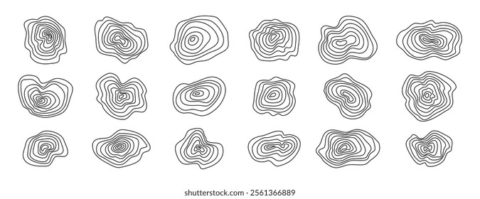 Organic textures of mountains set topographic lines. Abstract wooden round shapes. Vector scribbles. Vector illustration