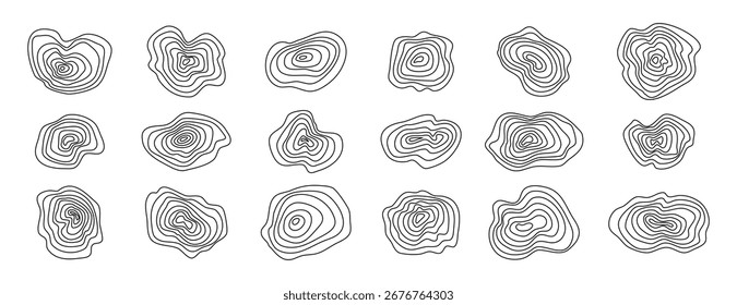 Las texturas orgánicas de las montañas establecen líneas topográficas. Abstractas Formas redondas de madera. Vector garabatos. Ilustración vectorial
