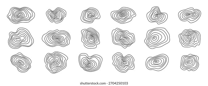 Organic textures of mountains set topographic lines. Abstract wooden round shapes. Vector scribbles. Vector illustration