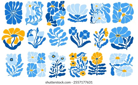 Organic tileable flowers set. Botanical doodle. Flower and leaves abstract shape doodle art design for print, wallpaper, clipart, wall art for home decoration. Vector illustration.