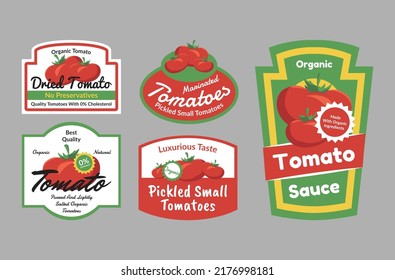 Organic tomato package label set vector illustration. Farm market ecology food frame vegetable harvest pack emblem with place for text. Vitamin nourishment menu dieting ingredient ornamental badge