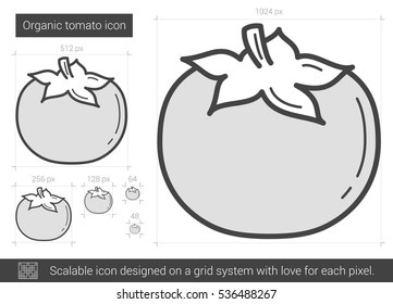 Organische Tomate, Vektorsymbol einzeln auf weißem Hintergrund. Organisches Tomatensymbol für Infografik, Website oder App. Skalierbares Symbol, das auf einem Gittersystem entworfen wurde.