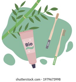 Organic toothpaste and bio toothbrushes with bamboo. Zero waste, low waste concept on blue background. Ecological personal care products. Cartoon flat vector illustration