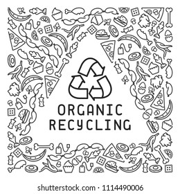 Organic trash illustration with garbage and dumpster. Linear style vector illustration. EPS10