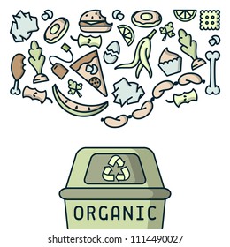 Organic trash illustration with garbage and dumpster. Linear style vector illustration. EPS10