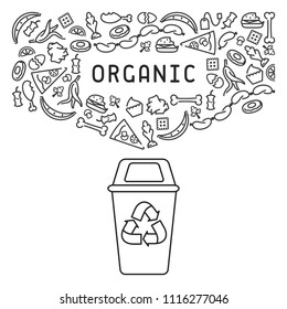 Organic trash illustration with garbage and dumpster. Linear style vector illustration. EPS10