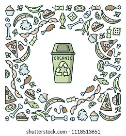 Organic trash illustration with garbage and dumpster. Linear style vector illustration. EPS10