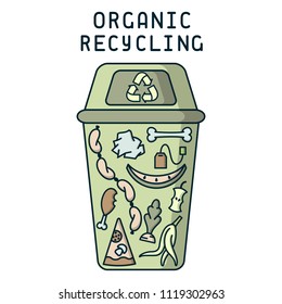 Organic trash illustration with garbage and dumpster. Linear style vector illustration. EPS10