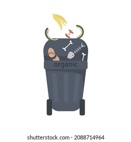 Desechando basura orgánica en basurero de reciclaje. Concepto de ecología y reciclaje. Ilustración vectorial aislada en fondo blanco.