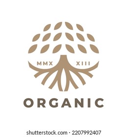 Organic tree logo mark design. Tree of life symbol. Leaf and root nature icon. Botanical wellness spa sign. Luxury floral boutique plant emblem. Vector illustration.