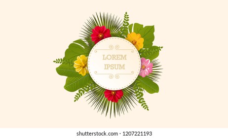 Organic tropical leaves and flower on circle frame