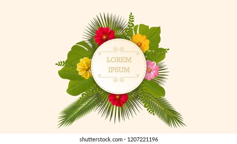 Organic tropical leaves and flower on circle frame