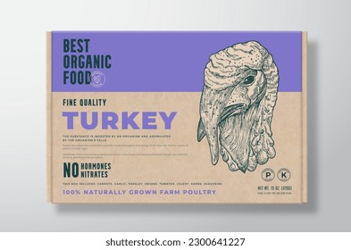 Organic Turkey Meat Vector Poultry Food Packaging Label Design on a Craft Cardboard Box Container. Modern Typography and Hand Drawn Turkey Bird Head Background Layout