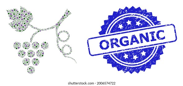 Organic unclean stamp seal and vector recursion mosaic grape plant. Blue stamp includes Organic title inside rosette. Vector mosaic is designed of randomized rotated grape plant pictograms.