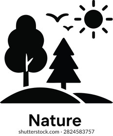 Organic vector icon representing natural eco-systems, landscape conservation, and environmental purity. Features a rising sun over mountain peaks and forest pine trees.