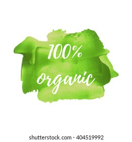 Organic vector icon, symbol, poster, logo, word, text written on hand drawn watercolor green background illustration
