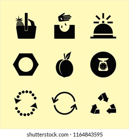 organic vector icons set. with kitchen scale, nut, peach and recycle sign in set