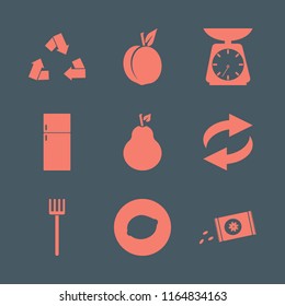 organic vector icons set. with pitchfork, lemon, kitchen scale and peach in set