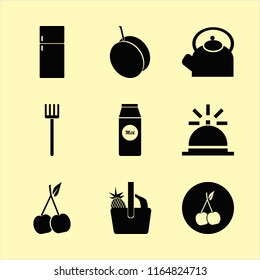 organic vector icons set. with teapot, pitchfork, bell and apricot in set