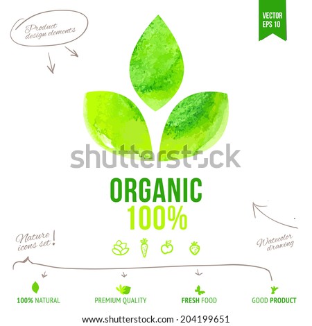 Organic vector label. Natural product design elements. Healthy food illustration. Eco friendly Icon set.