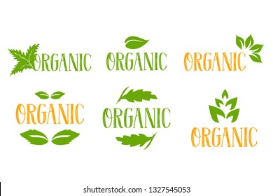 organic vector logo set in green and orange colors with several types of green herbal leaves