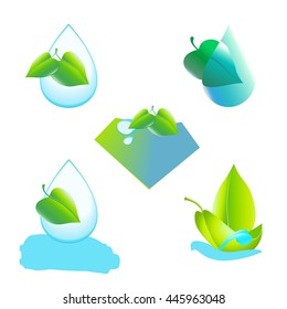 Organic vector logo set. Green leaf and blue water drop. Isolated icons. Eco logo.