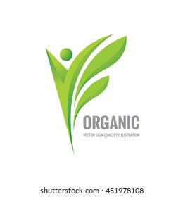 Organic - vector logo template concept illustration. Human character and green leaves. Nature product creative sign. Design element. 