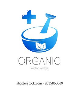 Organisches Vektorsymbol in blauer Farbe. Concept logo mit Cross für Business. Kräuterzeichen für Medizin, Homöopathie, Therapie und Apotheke. Emblem mit Mörtel und Pestle einzeln auf weißem Hintergrund.