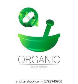 Organic vector symbol in blue and green color. Concept logo with cannabis for business. Herbal sign logotype for medicine, homeopathy, therapy and pharmacy. Emblem with mortar and pestle on white.