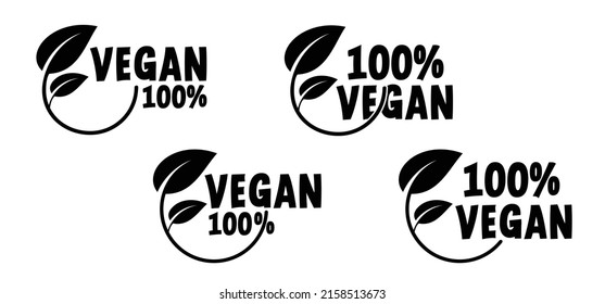 Organic vegan 100% with leaves, Bio, eco icon or symbol. lactose free, vegan, no meat, healthy, fresh food. Green logo. Vegetarian healthy food. Nature, ecology.