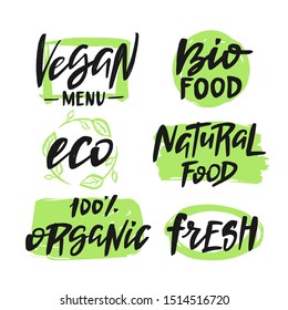 Organic, vegan, bio, natural, hand drawn vector labels. Handwritten typography. Hand drawn logotypes.