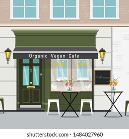 Organic Vegan Cafe In A Flat Style. Exterior Of Cafe In London, New York, Los Angeles. Cute Cafe. Eco Style.